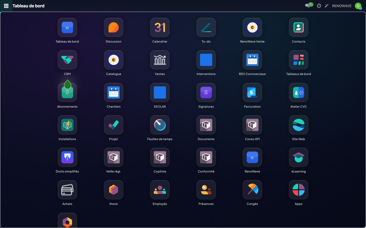 Grille des applications RenoWave : CRM, Ventes, XSOLAR, Chantiers, Interventions, Atelier CVC, Catalogue, Signatures, Facturation, Veille réglementaire, Conformité.