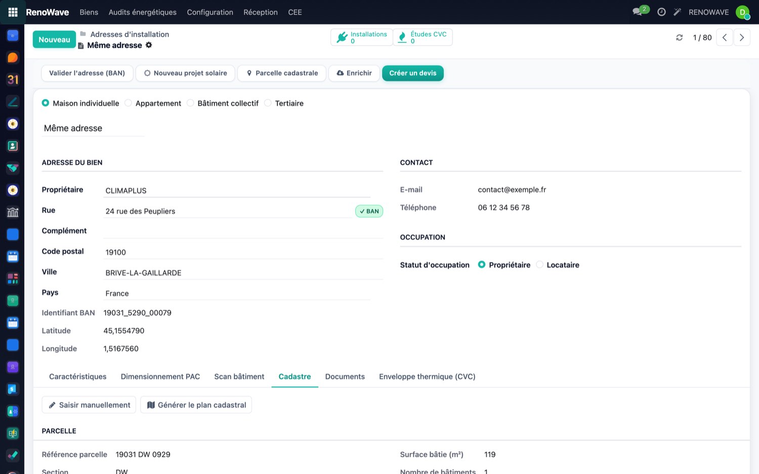 Onglet cadastre d'une fiche bien.