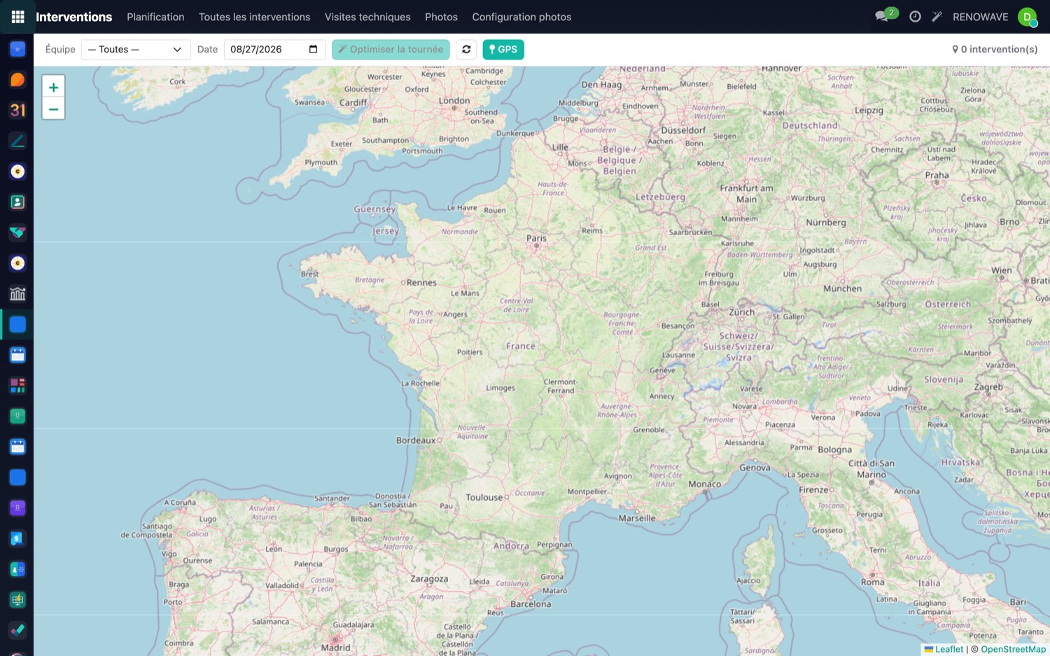 Carte des tournées : interventions positionnées sur une carte régionale avec les trajets des équipes.